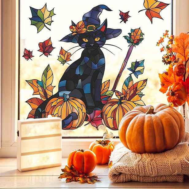TEMU 1 ks Halloweenská samolepka na zeď - Černá kočka, dýně a design javorového listu, samolepka na skleněné okno, vhodná pro dekoraci skleněných