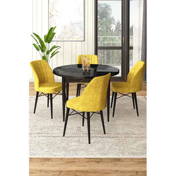 Dining Table & Chairs Set (5 Pieces) Rox - Black Marble, Mustard