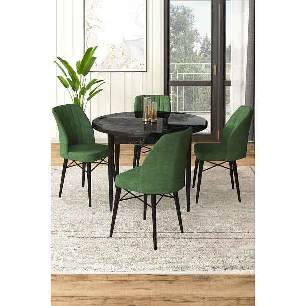 Dining Table & Chairs Set (5 Pieces) Rox - Black Marble, Khaki