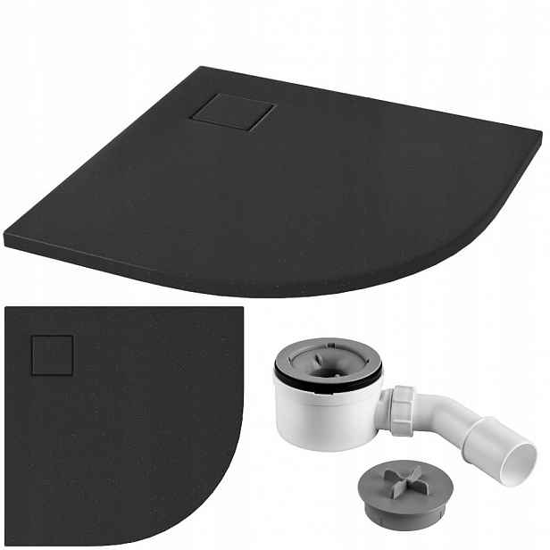 Půlkruhová podlahová vanička černá mat Tako Slim 90x90x4 Cersanit sifon