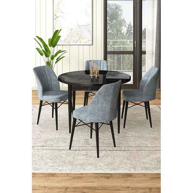 Dining Table & Chairs Set (5 Pieces) Rox - Black Marble, Grey
