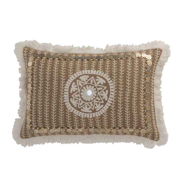 Hnědý jutový polštář s třásněmi a penízky Jute natural - 49*12*31cm J-Line by Jolipa