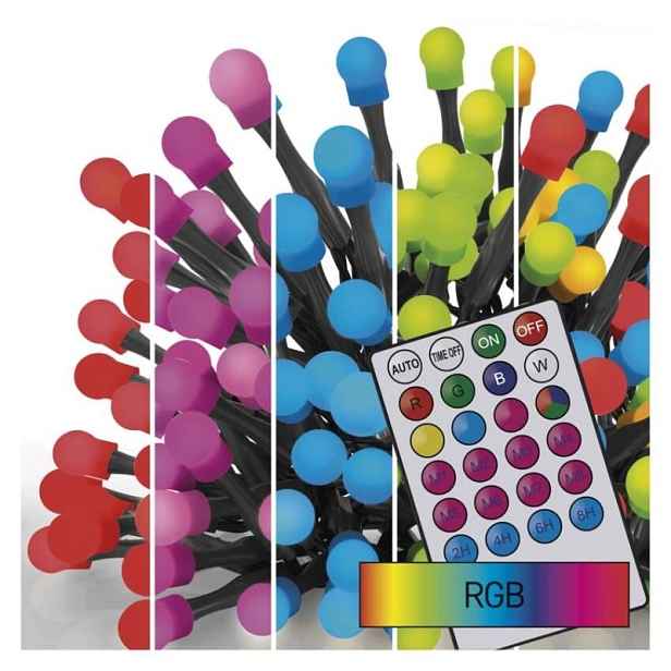 Led vánoční cherry řetěz – kuličky, 10 m, Rgb, ovladač, programy, časovač