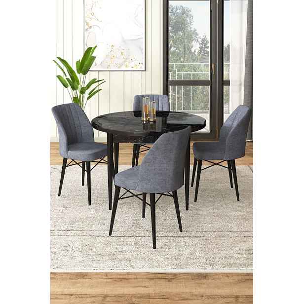 Dining Table & Chairs Set (5 Pieces) Rox - Black Marble, Fume