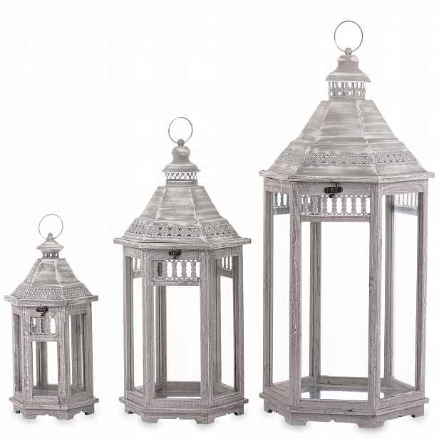 Dřevěné lampiony boho Vintage 3ks přetíratelné šedé loftové rustikální