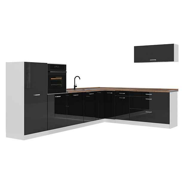 Vicco ROHOVÁ KUCHYŇ R-Line, Černý vysoký lesk/Bílá, 327 x cm pracovná doska Dub Goldkraft