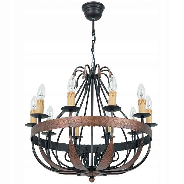 Rustikální vintage svícnový lustr černý, měděný, 10 bodů Luminex