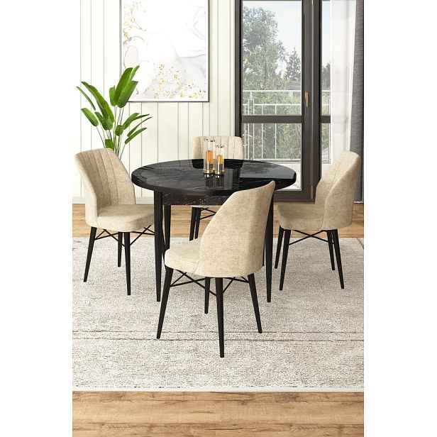 Dining Table & Chairs Set (5 Pieces) Rox - Black Marble, Cream