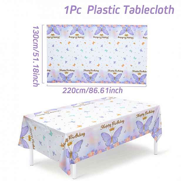 TEMU 1ks Motýlí plastový ubrus 220x130cm Vysoce kvalitní potah na stůl na narozeninovou oslavu s korunovaným motýlem a květinovým designem - Odolný a