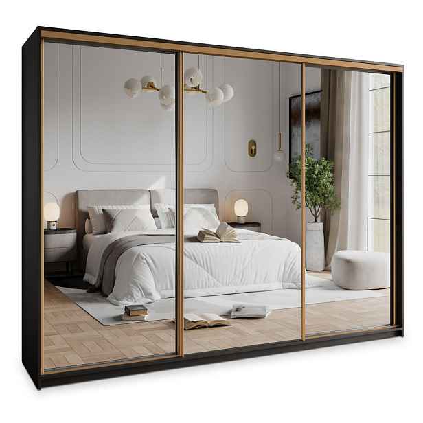 MASSENO ŠATNÍ SKŘÍŇ S POSUVNÝMI DVEŘMI RIEN, 250/205/60 cm 3dveřová se zrcadlem a zásuvkami, černá