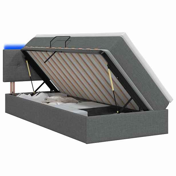 vidaXL LED postel s úložným prostorem a matrací Tmavě šedá 90 x 190 cm