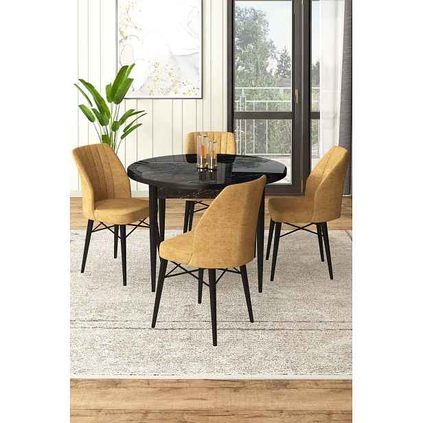 Dining Table & Chairs Set (5 Pieces) Rox - Black Marble, Cappuccino