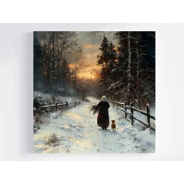 Obraz Na Plátně Canvas Krajina Les Stezka Zima Sníh Žena Pejsek 50x50