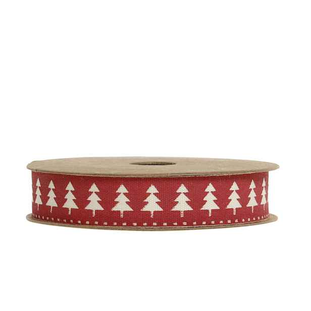 Červená bavlněná stuha se stromky Christmas Trees - 1,5cm x 5 m Chic Antique