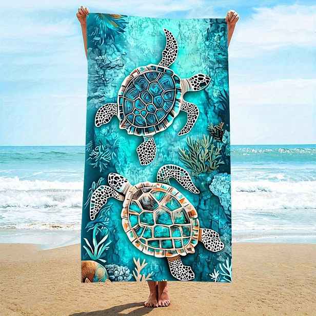 TEMU 2D plochá, 2D tisk 1ks plážová osuška, oceánský styl, dvojitý mořské želvy, plážová osuška s -zeleným přechodem, vhodná pro plavání, plážovou