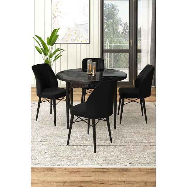Dining Table & Chairs Set (5 Pieces) Rox - Black Marble, Black