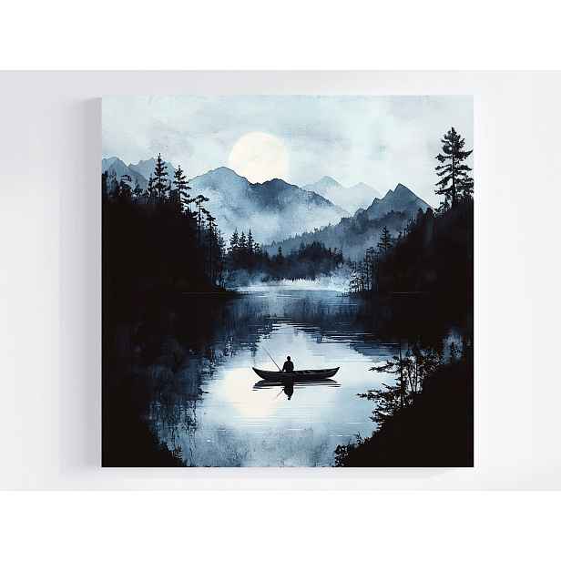 Obraz Na Plátně Canvas Krajina Hory Jezero Noc Měsíc Loď Rybář 50x50