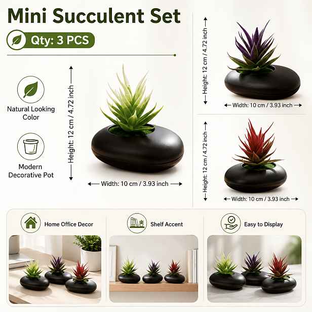 TEMU 3 ks Umělé sukulentní rostliny Mini květináče Realistické umělé zelené dekorace na stůl, Falešné plastové aloe, Zelené a svěží, Vhodné pro