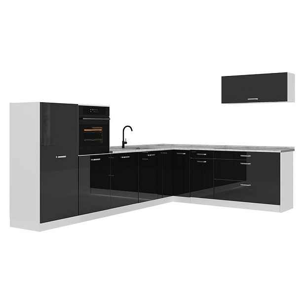 Vicco ROHOVÁ KUCHYŇ R-Line, Černý vysoký lesk/Bílá, 327 x cm pracovná doska Mramor