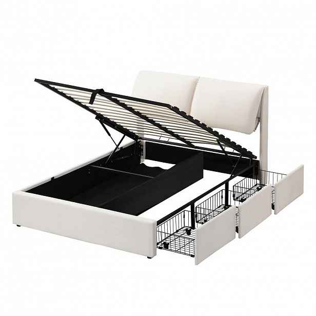 FLIEKS ČALOUNĚNÁ POSTEL 140x200 Béžová Hydraulika 3 Zásuvky