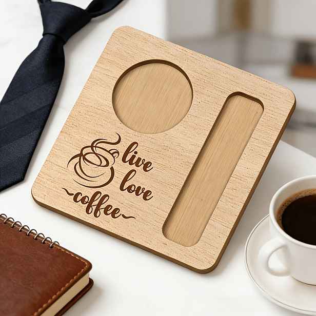 TEMU 1 ks Dřevěný podnos Live Love Coffee, dárek ke Dni otců, čtvercová podložka s otvorem na lžíci, roztomilý dřevěný úložný box na kávovou stanicí,