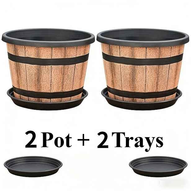 TEMU Sada 2/4 ks vintage květináčů ve tvaru whisky sudy - Módní a odolné plastové květináče s drenážními otvory a podnosy, ideální pro vnitřní i