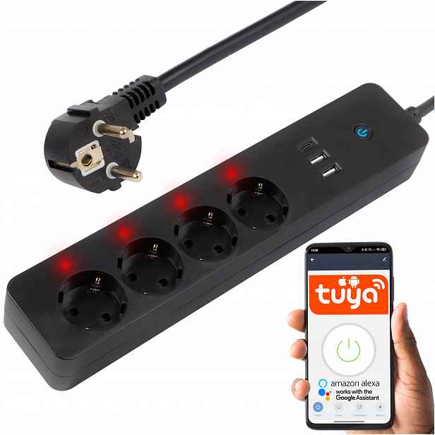 Inteligentní Zásuvková Lišta Prodlužovací Kabel 4 Zásuvky 2x Usb Usb-c WiFi Tuya 3M