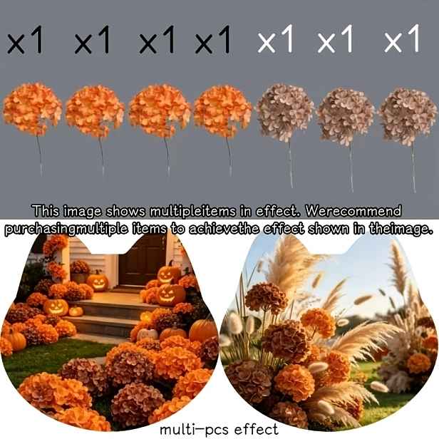 TEMU 7dílná kytice hortenzie v oranžovo-hnědé barvě, podzimní umělé květiny, vhodné pro domácí dekorace, halloweenský stolní dekor, simulovaná