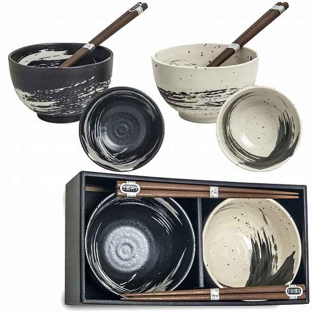 Sada orientálních misek 13 cm s paličkami, černobílá, na polévku Edo Japan