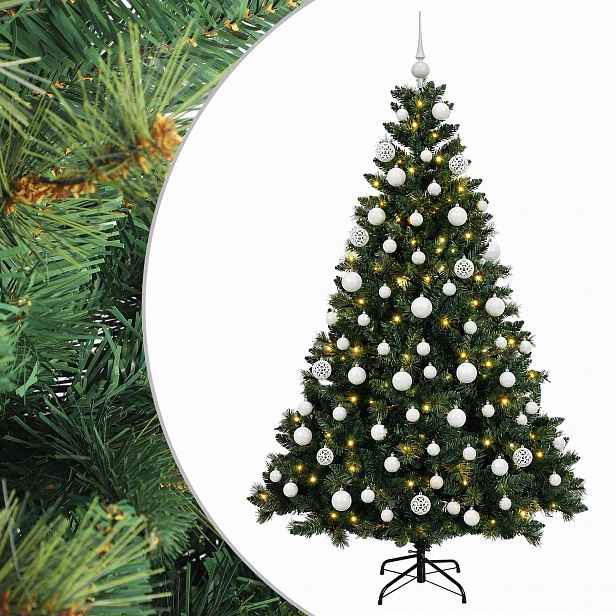 vidaXL Umělý vánoční stromek s baňkami 180 cm 300 LED Teplá bílá