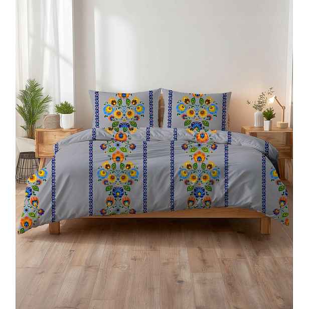 Krepové povlečení 160x200 šedá folk s barevnými květy, rybářský styl Kora Home