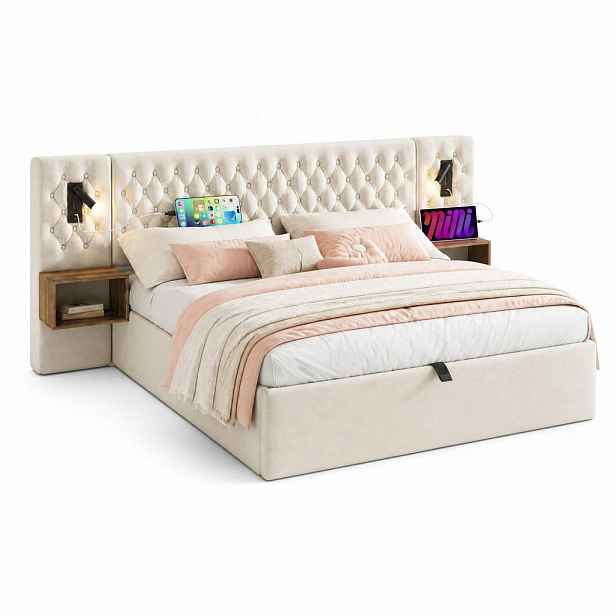 CHICFURN ČALOUNĚNÁ POSTELOVÁ SESTAVA 180/200 cm v béžové barvě s úložným prostorem a USB