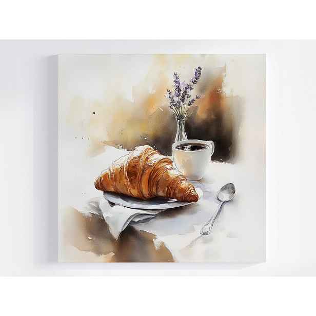Obraz Na Plátně Canvas Stůl Káva Espresso Croissant Rohlík Levandule 50x50