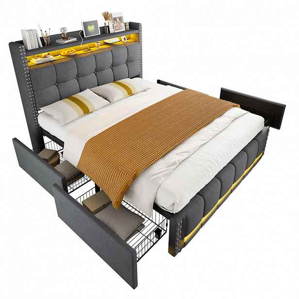 OKWISH ČALOUNĚNÁ postel 140/200 cm šedá z lněné tkaniny s LED osvětlením a USB