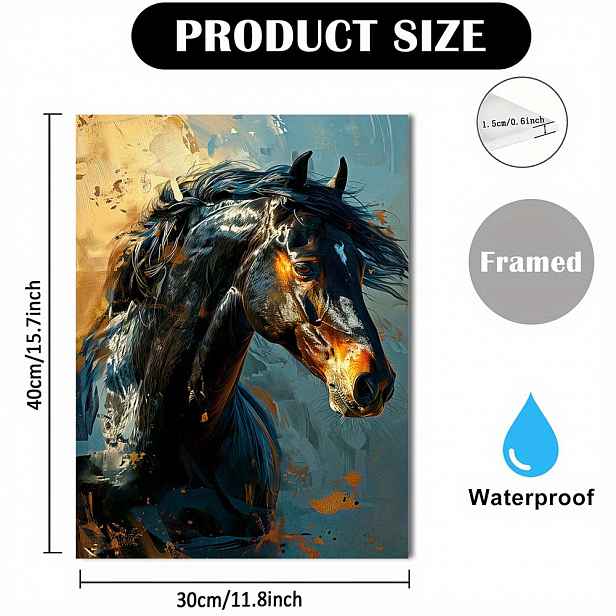 TEMU 2D Plochý, Elegantní Portrét Černého a Zlatého Koně - Dřevěný Rám s Plátnem, Záběr na Krk, Jezdecká Dekorace do Domácnosti, 11,8x15,7 Palce