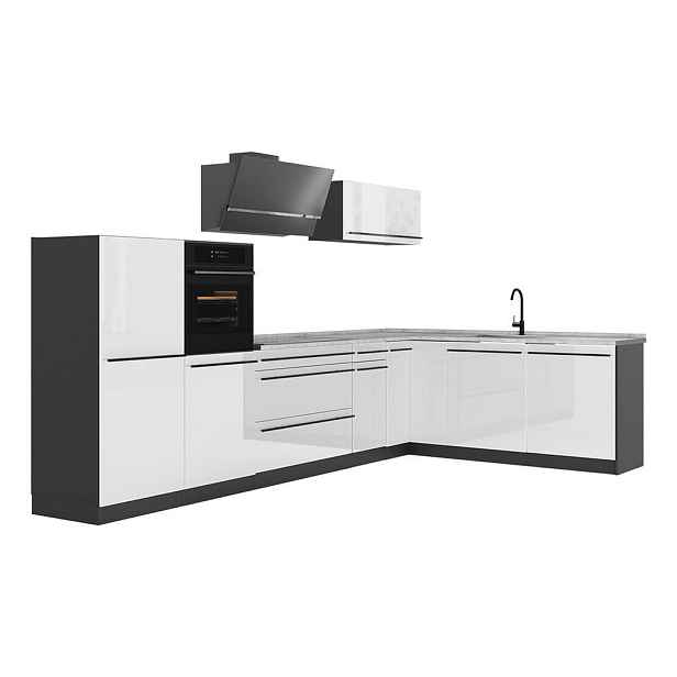 Vicco ROHOVÁ KUCHYŇ R-Line, Bílá vysoký lesk/Antracit, 347 x cm pracovná doska Mramor
