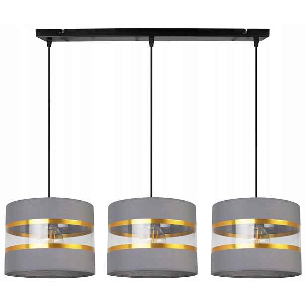 Závěsná Stropní Lampa Trojitý Lustr Glamour Zlaté Pruhy Stínidlo Šedé