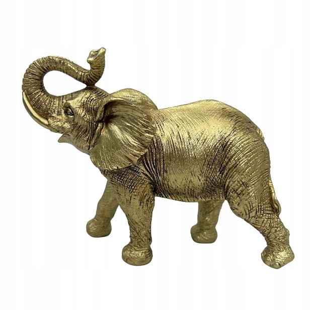 Zlatý slon se chobotem nahoru, figurka štěstí a prosperity 17 cm
