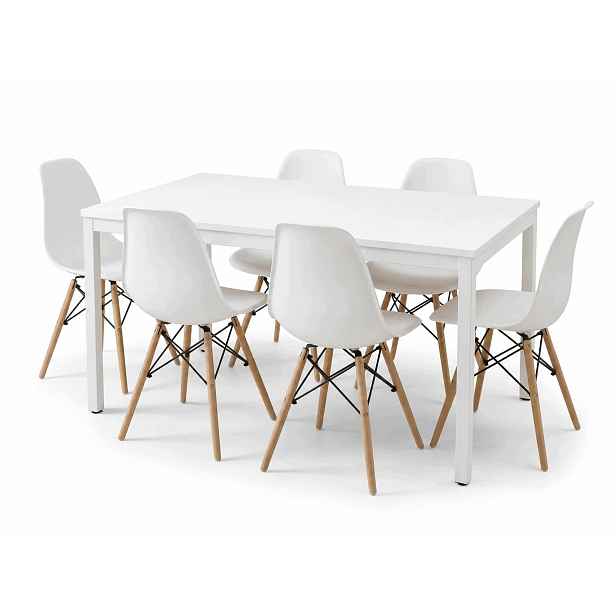 Jídelní set stůl 120x60 cm v loftovém stylu, bílý 6 bílých skandinávských židlí