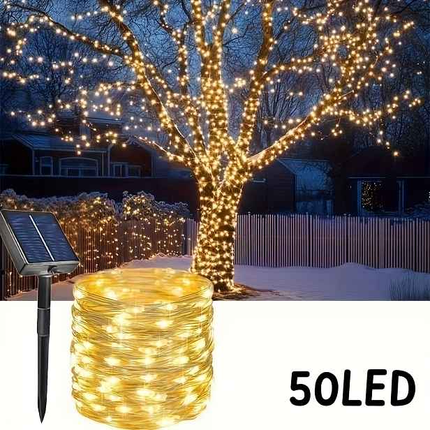 TEMU Solární LED řetězová světla s měděným drátem a lithiovou baterií, 50/100/200 LED venkovní dekorativní světla do zahrady, vhodná pro vánoční