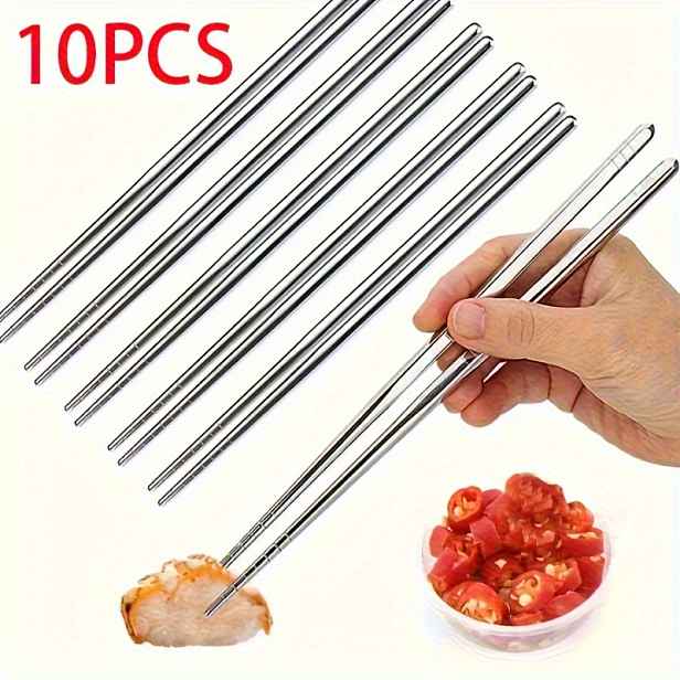 TEMU 10 ks Balení Nerezových Hůlek - Odolné, Opakovaně Použitelné, Neklouzavé, Vhodné do Myčky, Ideální pro Sushi a Čínskou Kuchyni - Vhodné pro
