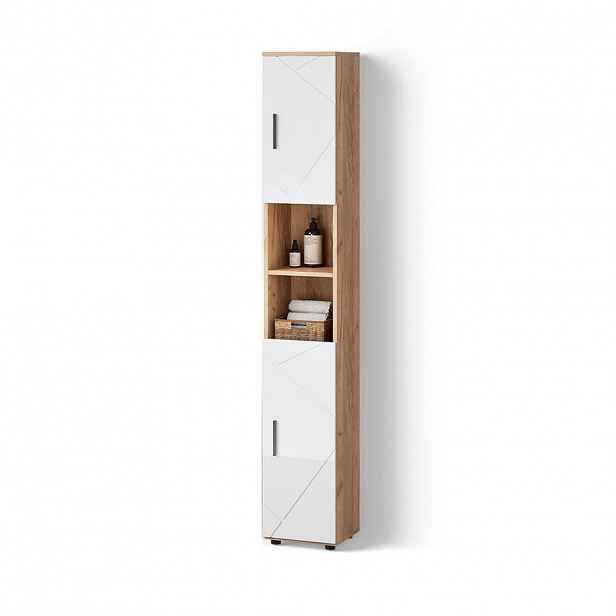 Livinity® KOUPELNOVÁ SKŘÍŇKA Ronco Bílý vysoký lesk/zlatý dub power 30 x 192 cm s dvířky a otevřenými přihrádkami
