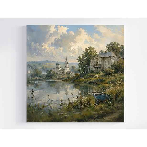 Obraz Na Plátně Canvas Krajina Léto Vesnice Řeka Dvůr Kostel Loďka 50x50
