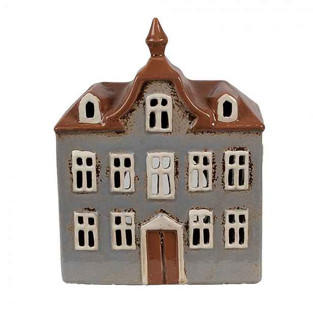 Šedý keramický svícen na čajovou svíčku domek Amster Village - 16*9*20 cm Clayre & Eef