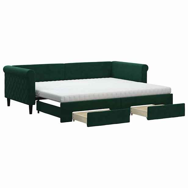 vidaXL Válenda s přistýlkou a zásuvkami tmavě zelená 90 x 200 cm samet