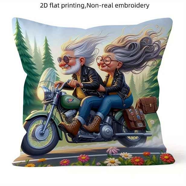 TEMU 2D plochý - 1 ks povlaku na polštář s starousedlího páru na motocyklu, s 2D tiskem ve vysokém rozlišení a stylovým uměleckým provedením. Je