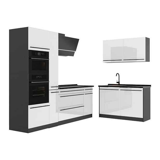 Vicco ROHOVÁ KUCHYŇ R-Line, Bílá vysoký lesk/Antracit, 230 x 120 cm pracovná doska antracitová