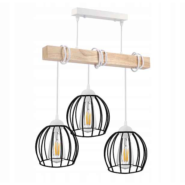 Závěsné Stropní Svítidlo Led dřevěná bílá 3x E27 Lustr Drátěná koule