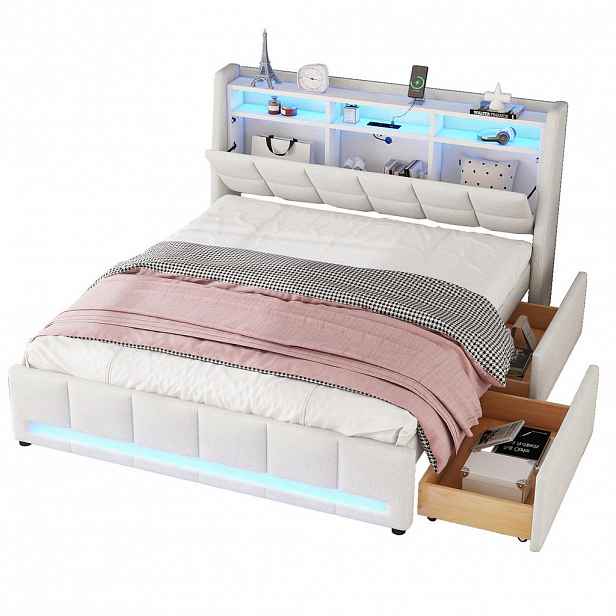 FLIEKS ČALOUNĚNÁ POSTEL 140x200 Béžová LED USB Zásuvka