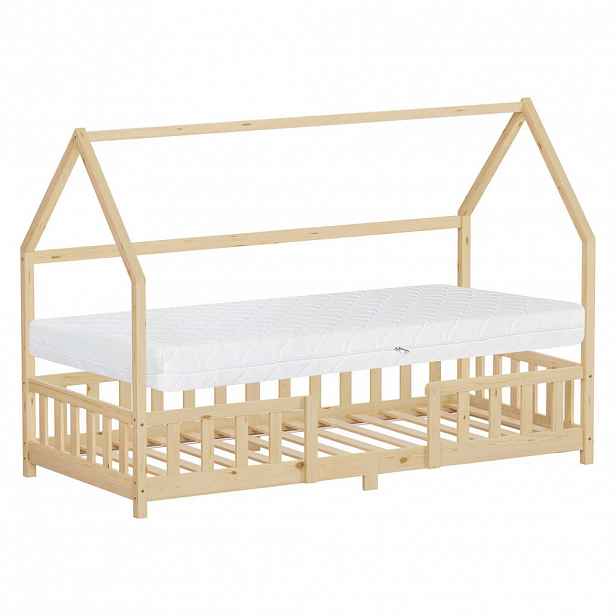 ML-DESIGN DĚTSKÁ postel 90x200 cm s matrací a ochrannou bočnicí, přírodní borovicové dřevo